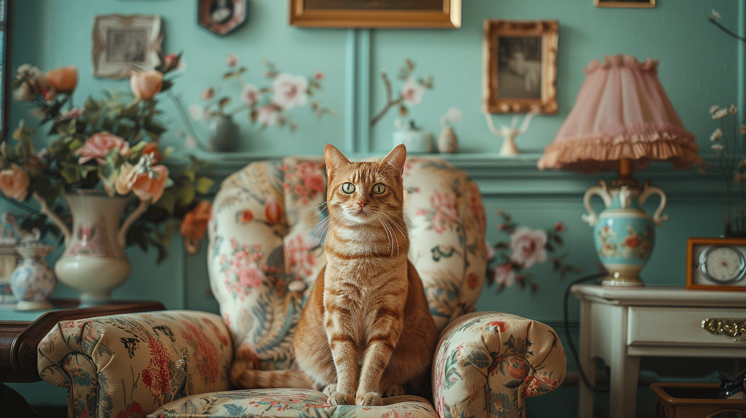 Regal ginger cat sitting upright on a vintage floral armchair in an elegantly decorated room, featuring pastel colors, floral wallpaper, and retro-style decor.